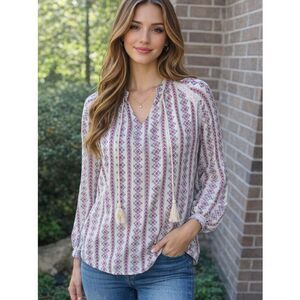 Cream and Blue Tassel V-Neck Boho Blouse